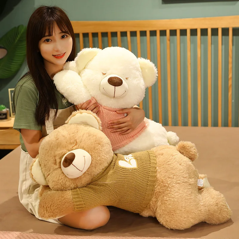 

80/100CM Giant Size Lying Teddy Bear Plush Toys Soft Toys Sweater Bear Plush Pillow Stuffed Animal Dolls Kids Baby Xmas Gift