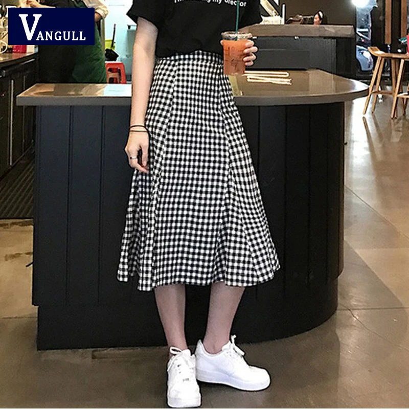 Vangull винтажная черно белая клетчатая юбка женская летняя новая трапециевидная