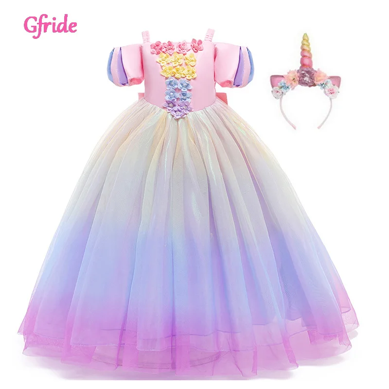 

Princess Girls Unicorn Costumes Kids Flowers Party Dresses Headband Children Fancy Birthday Theme Clothing Puff Sleeveless Pink