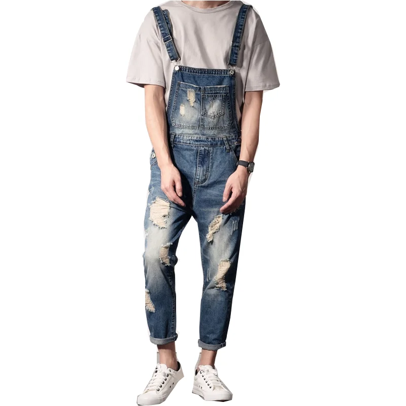 Bib trousers men&#39;s Japanese summer ripped cropped trousers washed light blue Korean tooling jeans