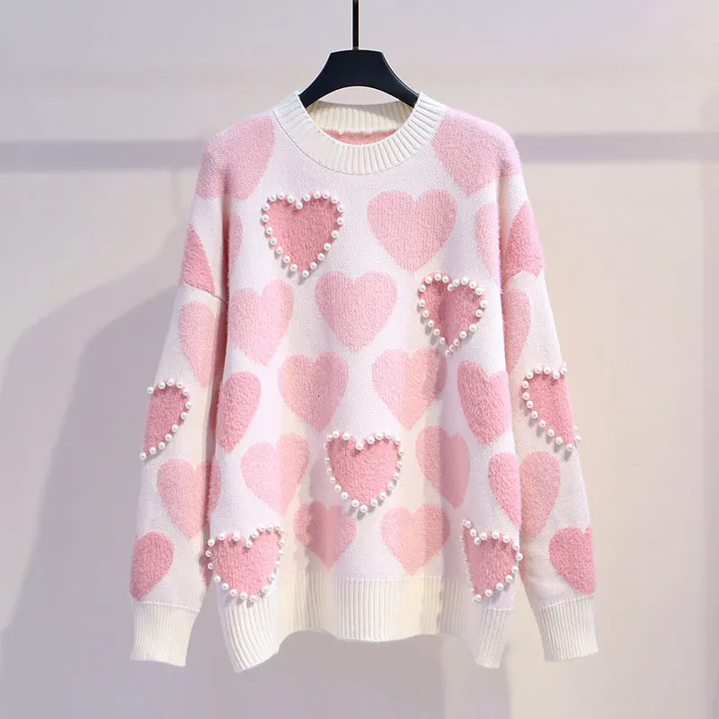 

Женский вязаный свитер с жемчугом SHZQ, пуловер с круглым вырезом и бусинами, милые джемперы с сердечками и длинным рукавом