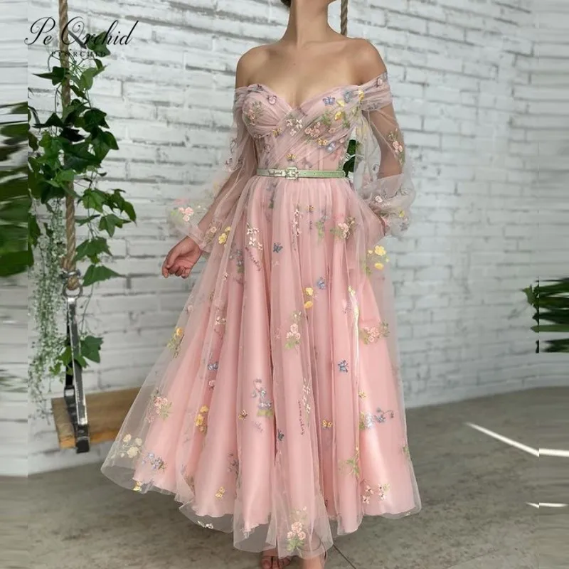 

PEORCHID 2022 Pink Embroidery Flowers Midi Prom Dresses With Pockets Sheer Long Sleeves Tulle Chic A Line Evening Party Gowns