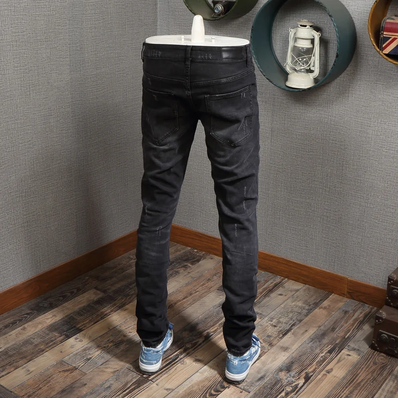 American Street Style Fashion Men Jeans Retro Black Gray Slim Fit Ripped Jeans Men Vintage Designer Hip Hop Denim Punk Pants