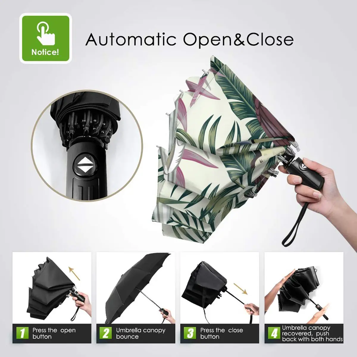 Economici Ombrello Automatico Pioggia A Tre Pieghe Pappagallo Tropicale Hoopoe Con Piante Giungla Foglie Ombrello Antivento Ombrellone Impermeabile