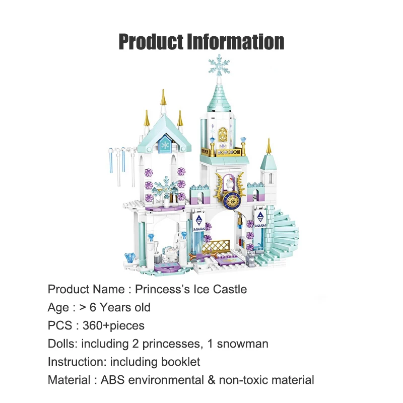 

Little Girl's Princess's Ice Playground Castle House Set Movies Horse Dolls Diy Building Blocks Toys For Kid's Creative Gifts