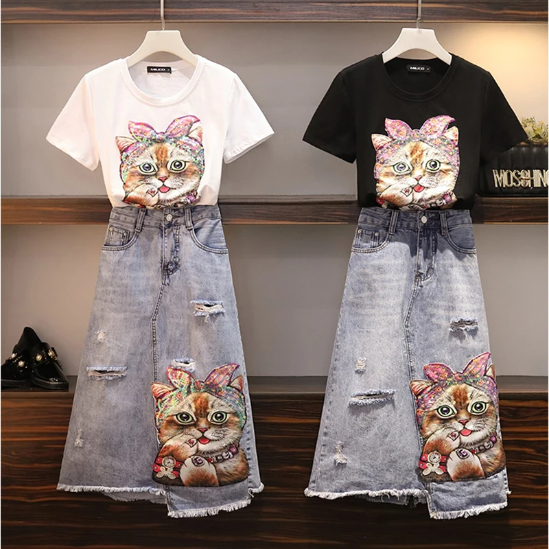 Футболка PERHAPS U с коротким рукавом и круглым вырезом принтом кота блестками