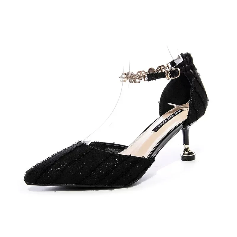 

Fashion Rhinestone Pearl Buckle Women's High Heel Shoes 2021 Summer Pointed High-heeled Stiletto Suede Leather Women's Shoes