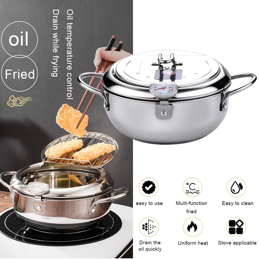 

Japanese Deep Frying Pot Stainless Steel Fryer With Thermmeter And Lid Stainless Steel Kitchen Tempura Fryer Pan Kitchen Cooker