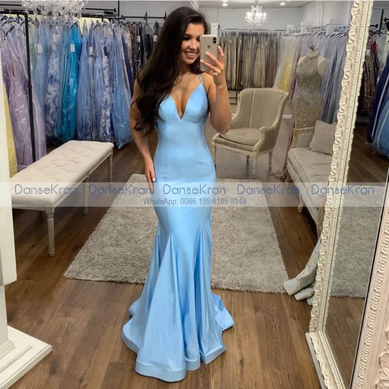 

Sexy V-neck Mermaid Prom Dresses 2021 Sky Blue Satin Maxi Evening Dresses Lace Up Back Long Formal Gowns robes de soirÃ©e