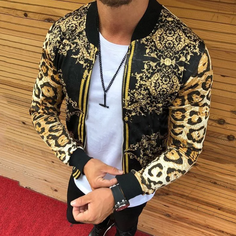 

Men's Spring Autumn Jacket Casual Slim Coat Leopard Printed Men's Streetwear Baseball Collar Jacket Outerwear Size S-3XL MY468