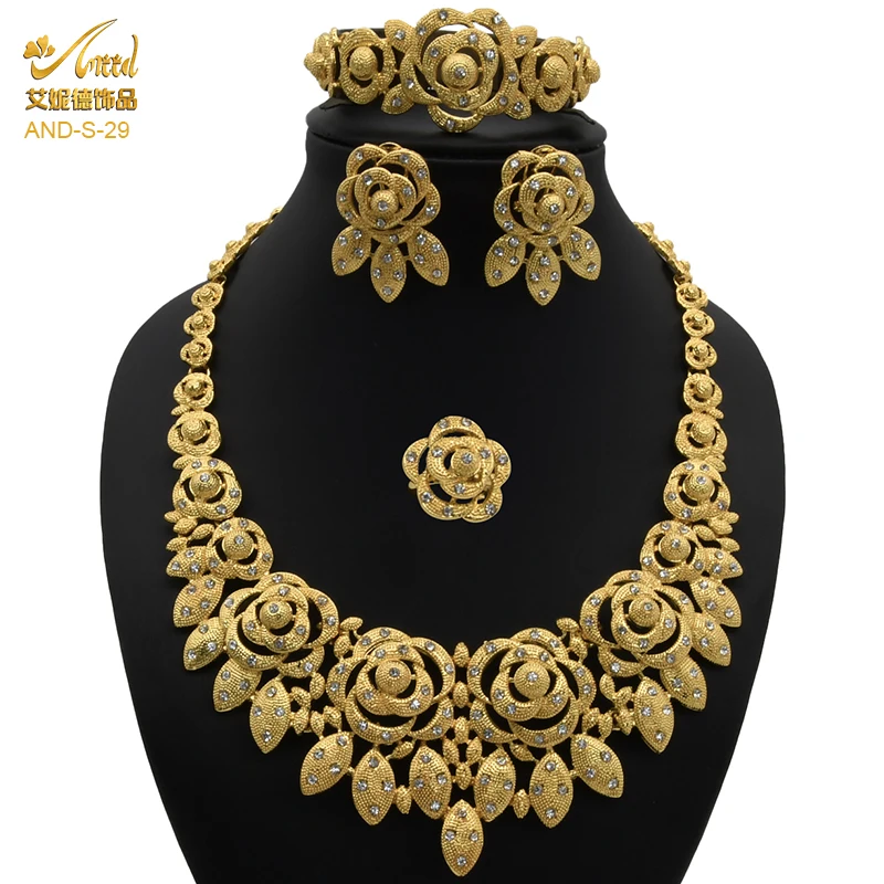 

ANIID Dubai Gold Plated Designer Necklace For Women Luxury Bracelet Hawaiian Indian Bridal Nigerian Flower African Jewelery Sets