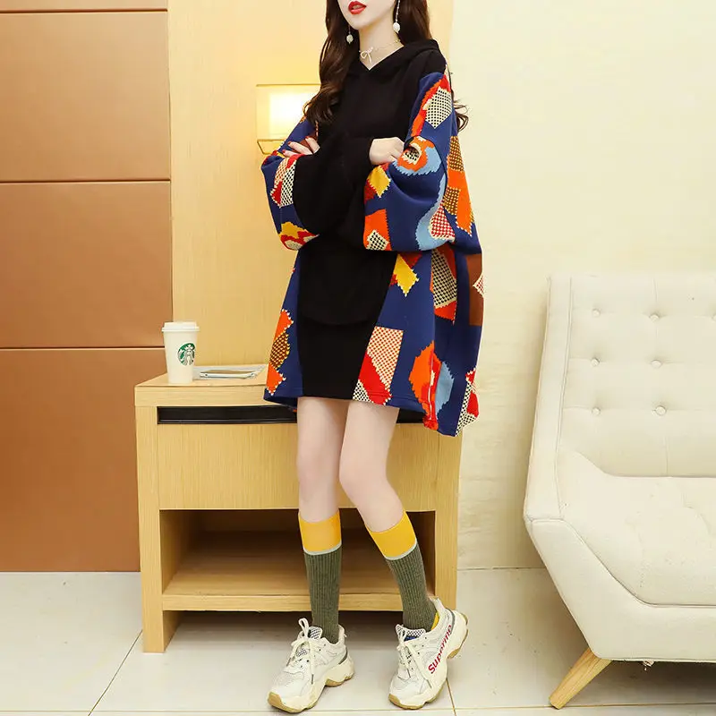 Длинная женская осенне-зимняя свободная флисовая толстовка с геометрическим