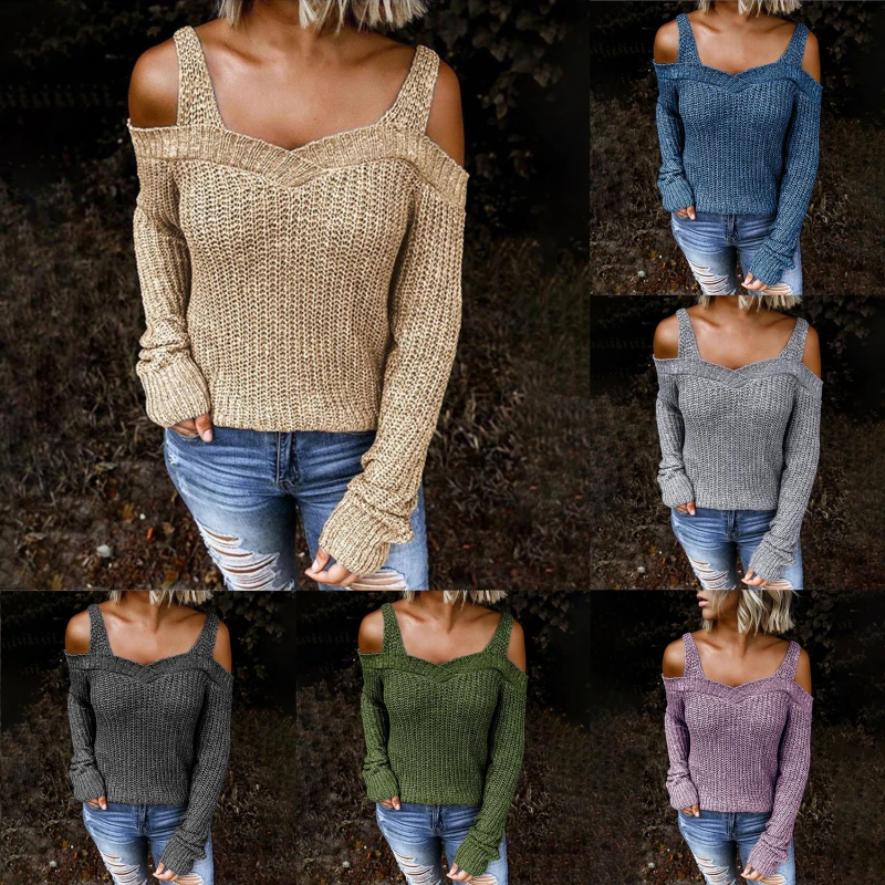 

Women Off Shoulder Sexy Sweater Autumn Spring 2021 Female Long Sleeve Knitted Gray Pullovers Sweaters Femme Knit Clothes
