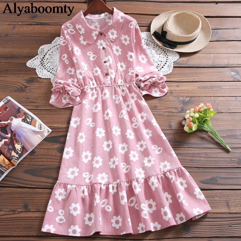 Женское вельветовое платье с отложным воротником и цветочным принтом | Женская