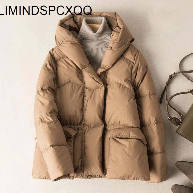 LIMINDSPCXQQ 2021 Winter Style Loose Warm 90% White Duck Down Jacket Female Hooded Windproof Short Parkas Soild Color Outwear