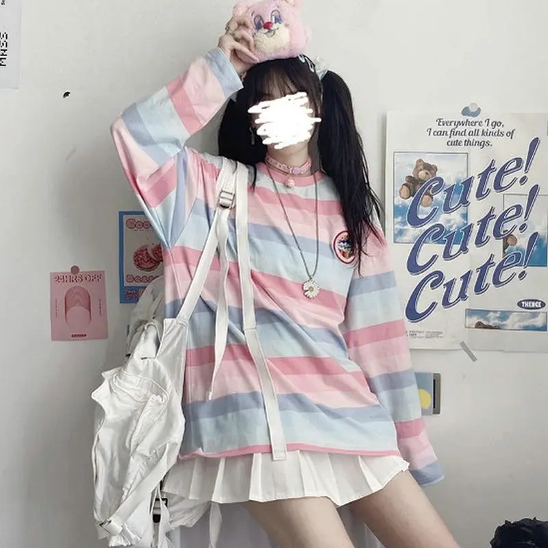 

Candy Color Striped T-shirt Loose O-Neck Harajuku Long Sleeve T shirt Women Plus Size Krean Clothes 90s Casual Tee Shirt Femme