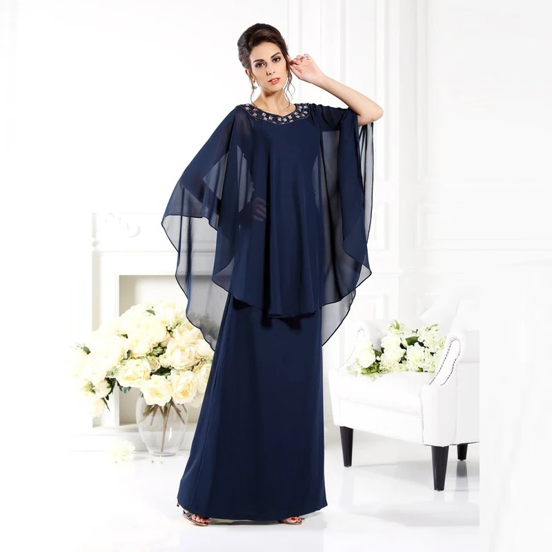 

2021 Unique Navy Blue Beaded Jewel Neckline Mother of the Bride Dresses With Cape Wedding Party Gowns Floor Length On Sale