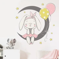 cute bunny moon balloon pattern stickers for kids room cat baby nursery wall decals pink flower for girl room home decoration