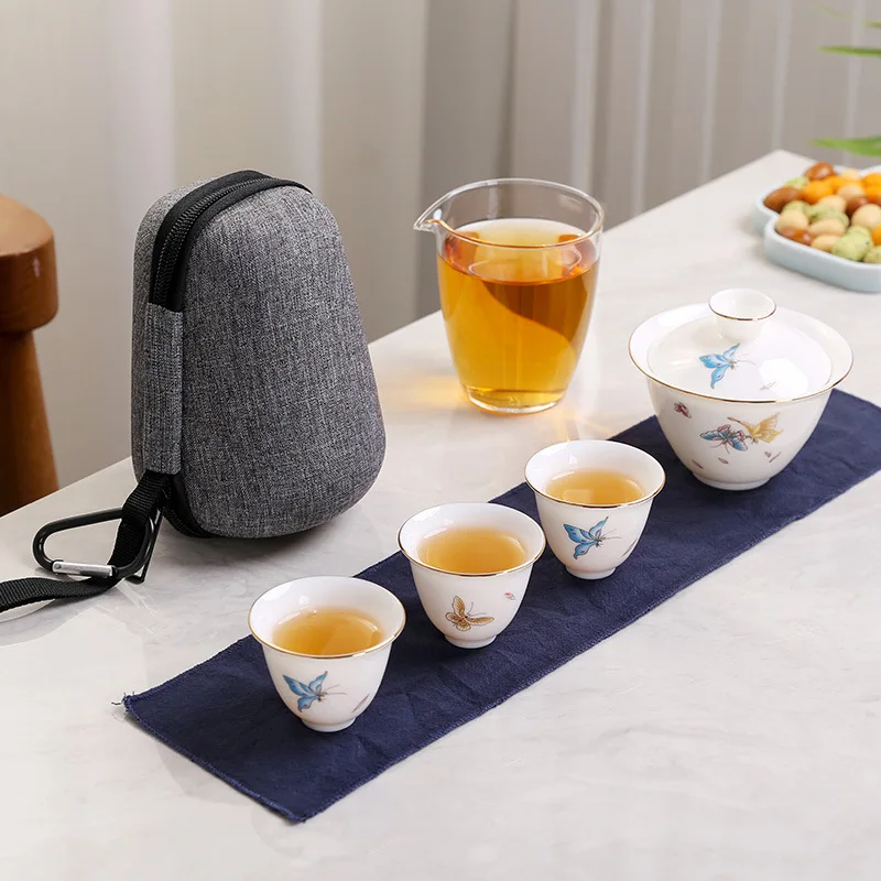 

White Handmade Porcelain Lanolin Jade One Pot Three Cups Travel Tea Set Portable With Bag Creative High Quality Kung Fu Teaware