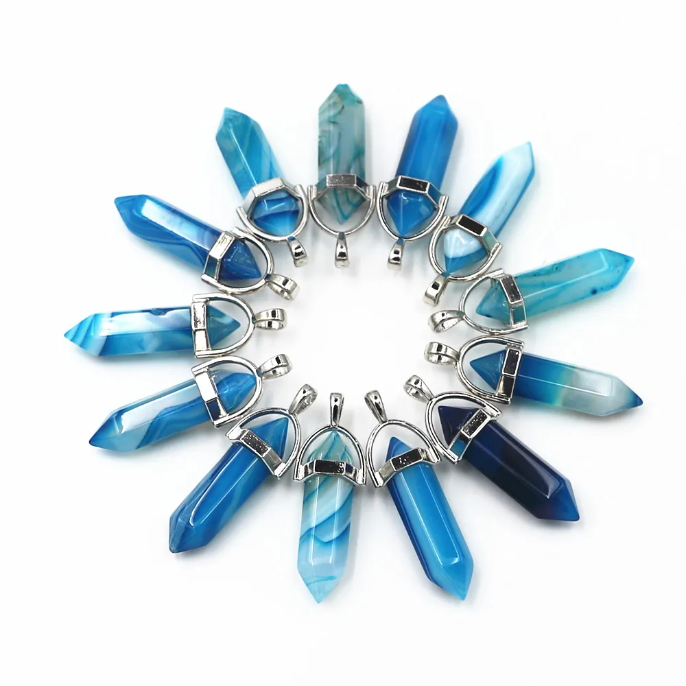 

Natural Bullet Pendant Stainless Steel Necklace Ladies Natural Stone Necklace Blue Agates Hexagonal Cylindrical Pendant