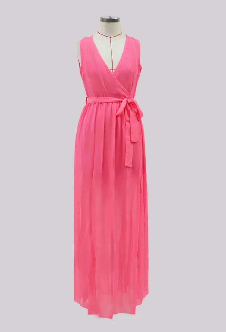 

WEPBEL Summer Casual Sleeveless V-neck Lace-up Split Dress Women's Sexy Solid Color Slim Dress