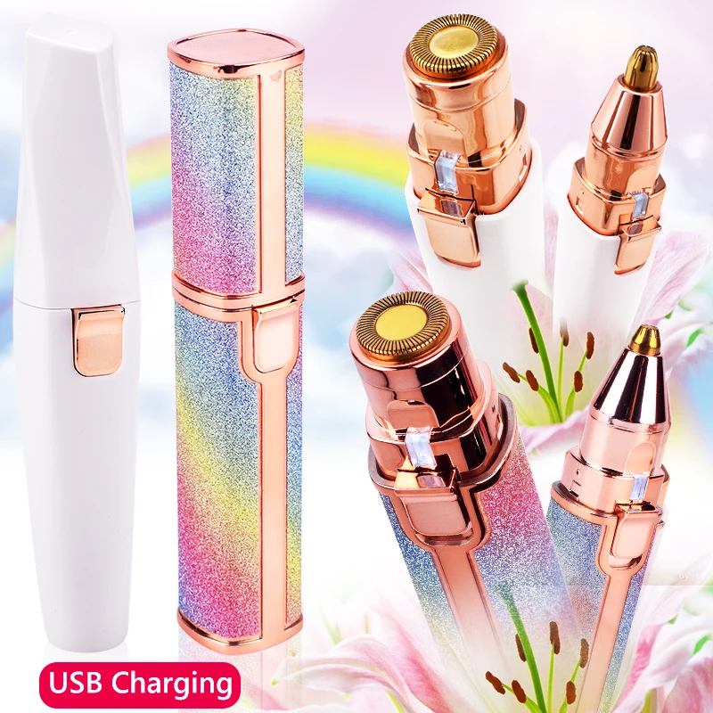 

2 IN 1 Rechargeable Electric Eyebrow Trimmer Epilator Female Body Facial Lipstick Shape Hair Removal Mini Painless Razor Shaver