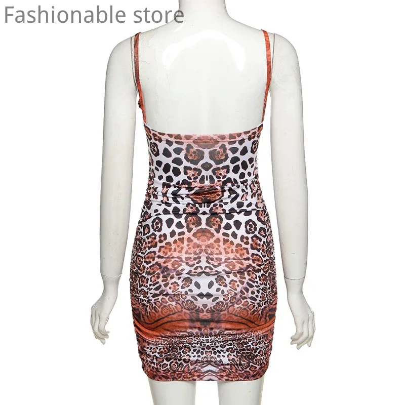 

2021 Women Sexy Spaghetti Strap Leopard Print Backless Ruched Mini Dress