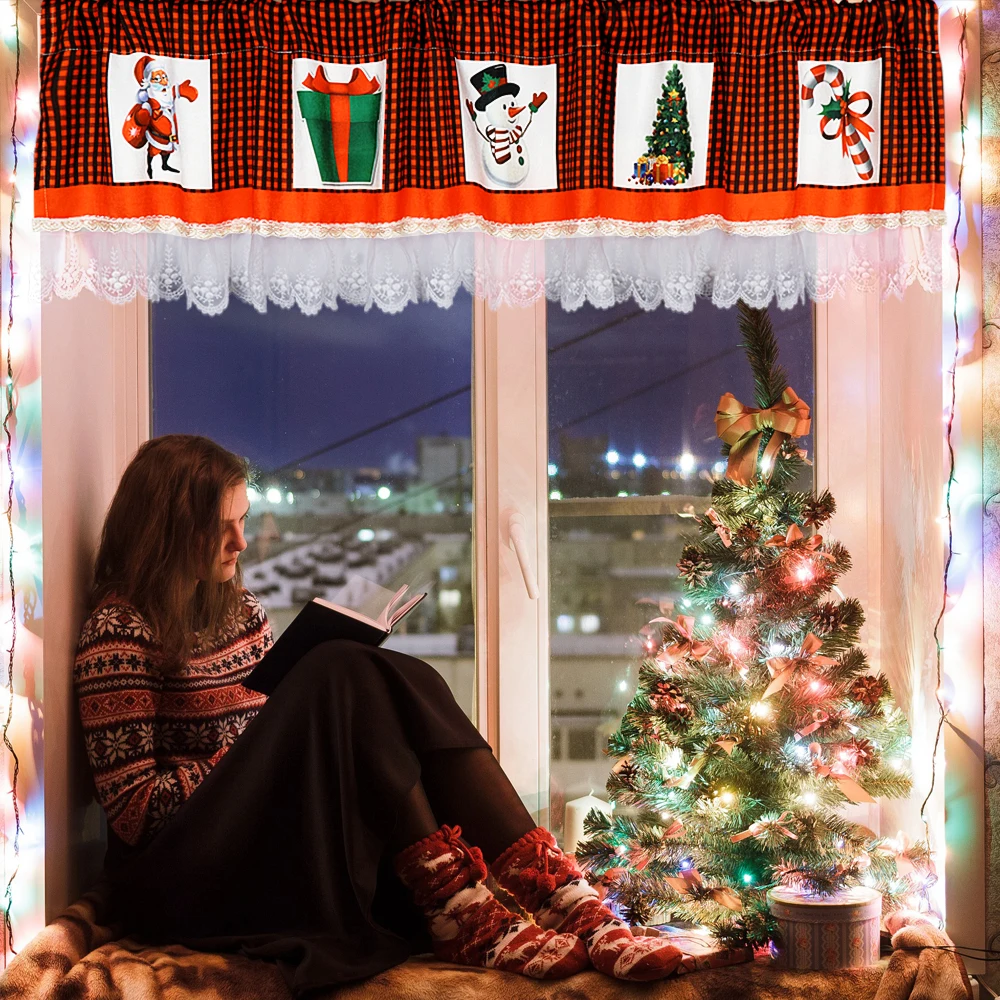 Рождественские занавески OHEART оконные кружевные подвески в красно черную клетку