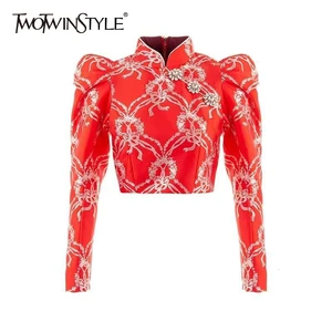 TWOTWINSTYLE Лоскутная Женская рубашка с бриллиантовым принтом популярного цвета со стоячим воротником с пышными рукавами короткие женские блузки 2020 модная одежда