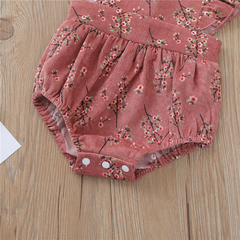 

0-24M Newly Summer Baby Girls Corduroy Bodysuits Flowers Print Ruffles Fly Sleeve Jumpsuits Headband Newborn Baby Girls Jumpsuit