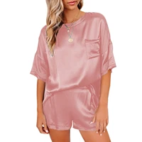 european and american spring and summer pure color satin pajamas short sleeve shorts irregular two piece set