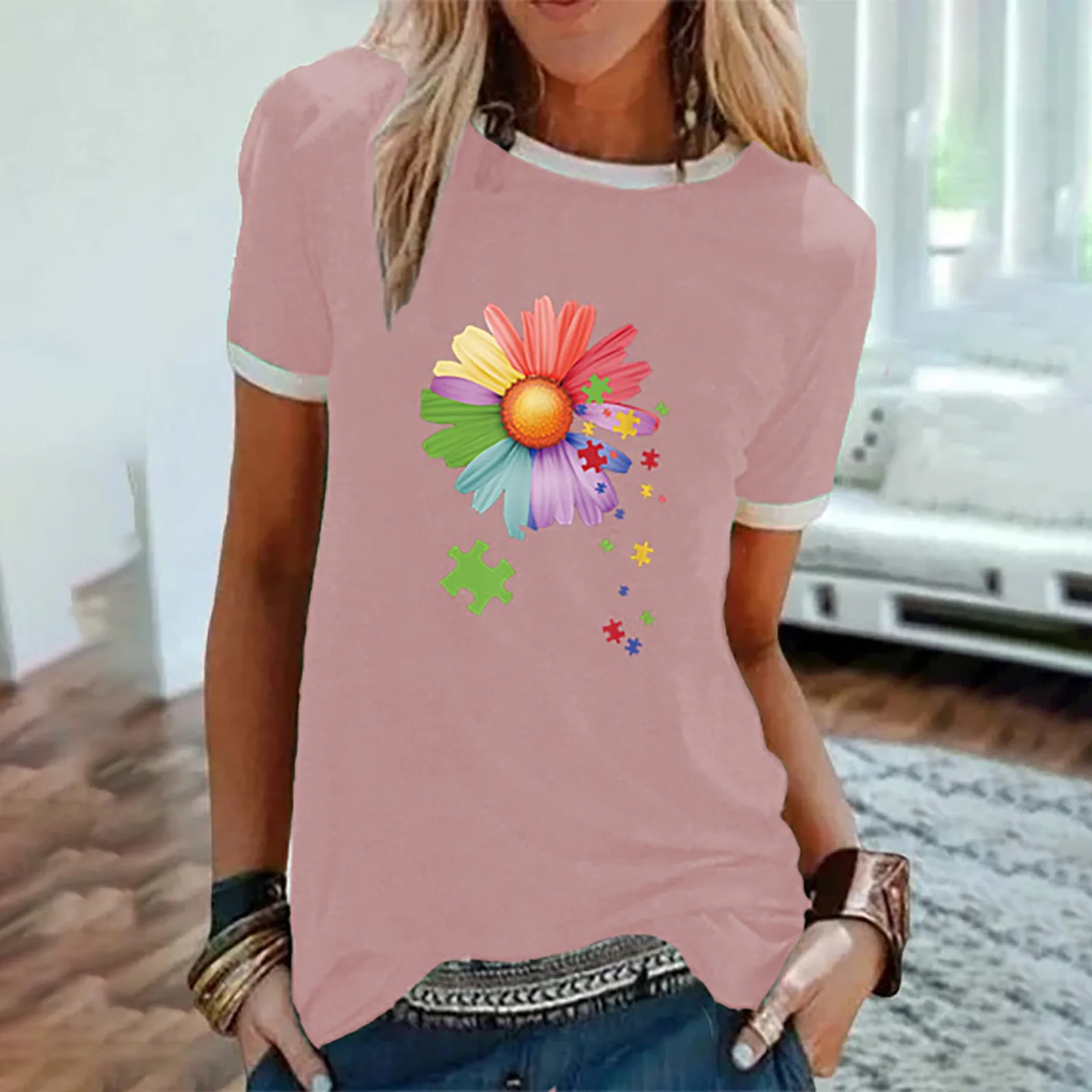 

2021 Women's Sexy Fashion T-shirt Casual Short-sleeved Summer Fun Printed Tops Simple Slim Printed T-shirt
