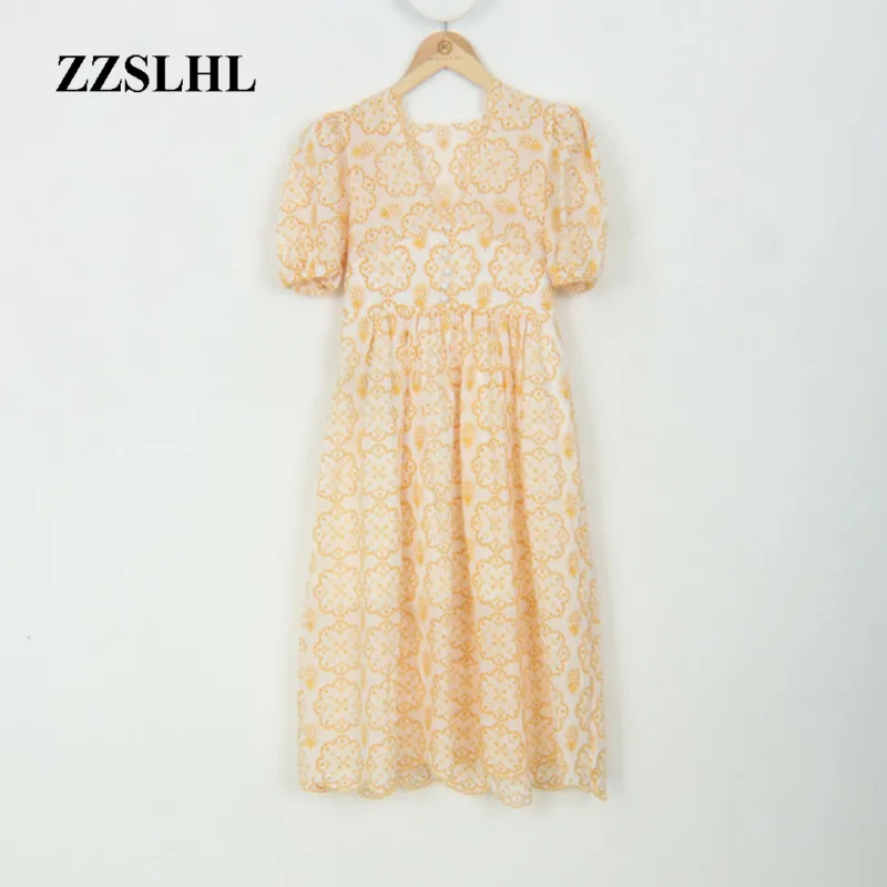 

2020 New Summer Women Vintage Loose High Waist Slim Was Thin Elegant V-neck Hollow Out Puff Sleeve Maxi Dress ZA4423