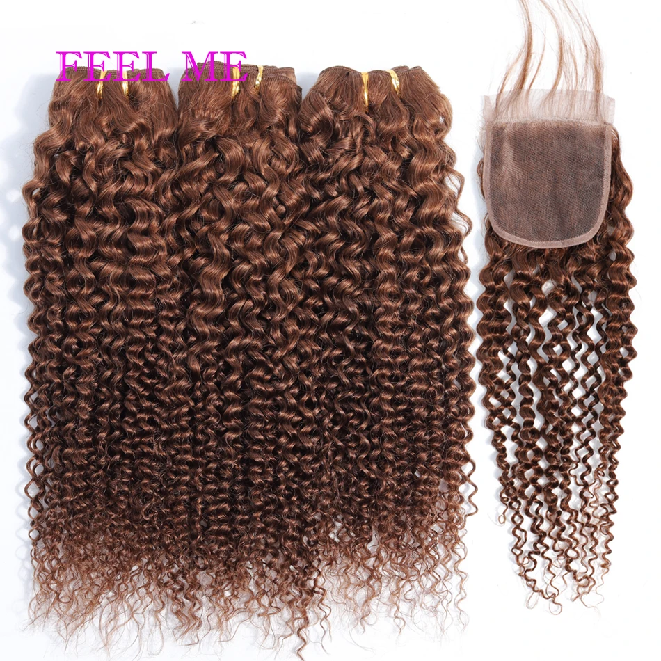 Малайзийские кудрявые человеческие волосы FEELME с закрытием #4 пряди человеческих