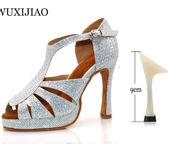 heel 9cm WUXIJIAO/Новинка; женская серебряная танцевальная обувь со стразами; обувь для сальсы; Обувь для бальных танцев; широкий каблук 10 см - Цвет: heel 9cm