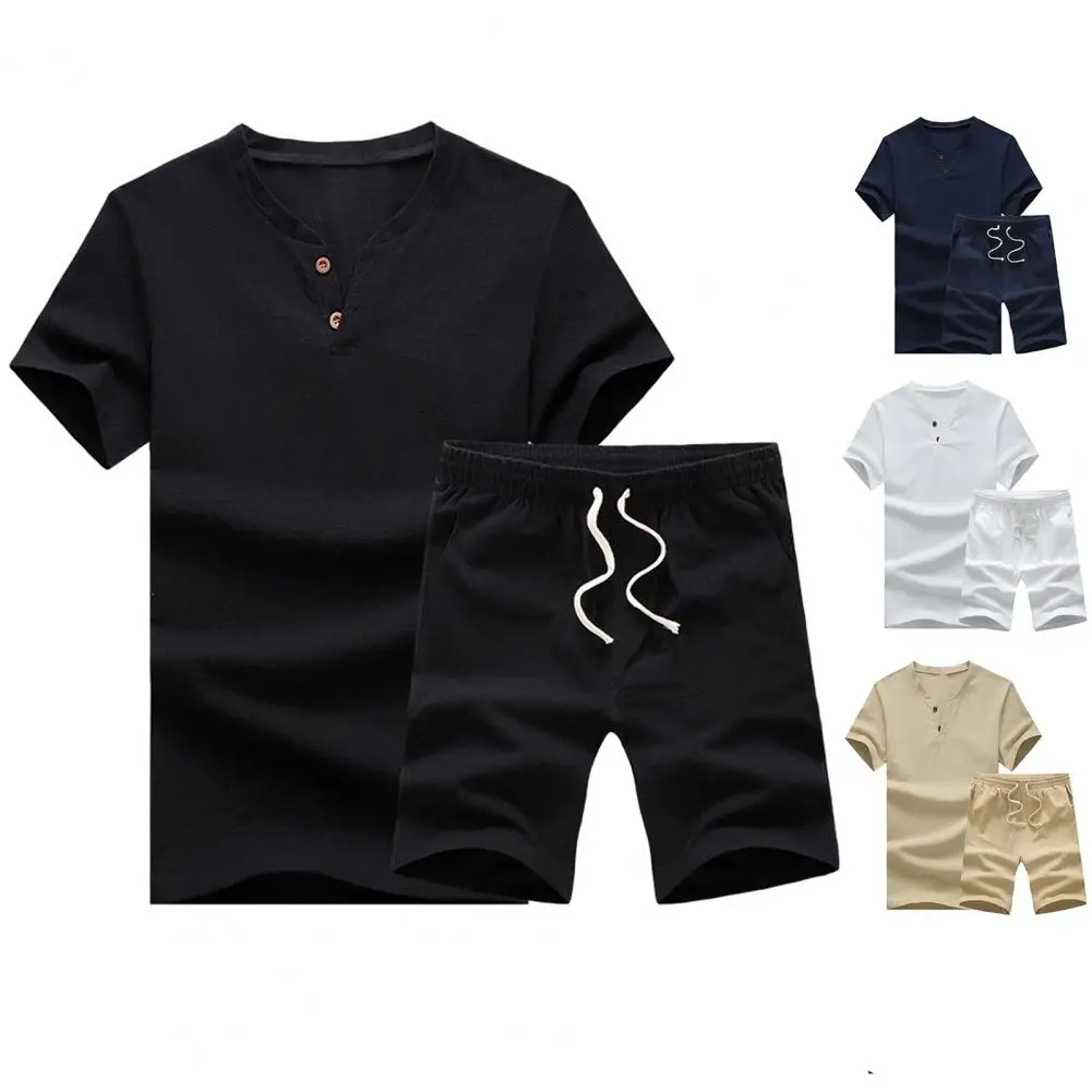 

Two Piece Simple Loose Men T-shirt Shorts Set Pullover Casual Outfit Drawstring Activewear