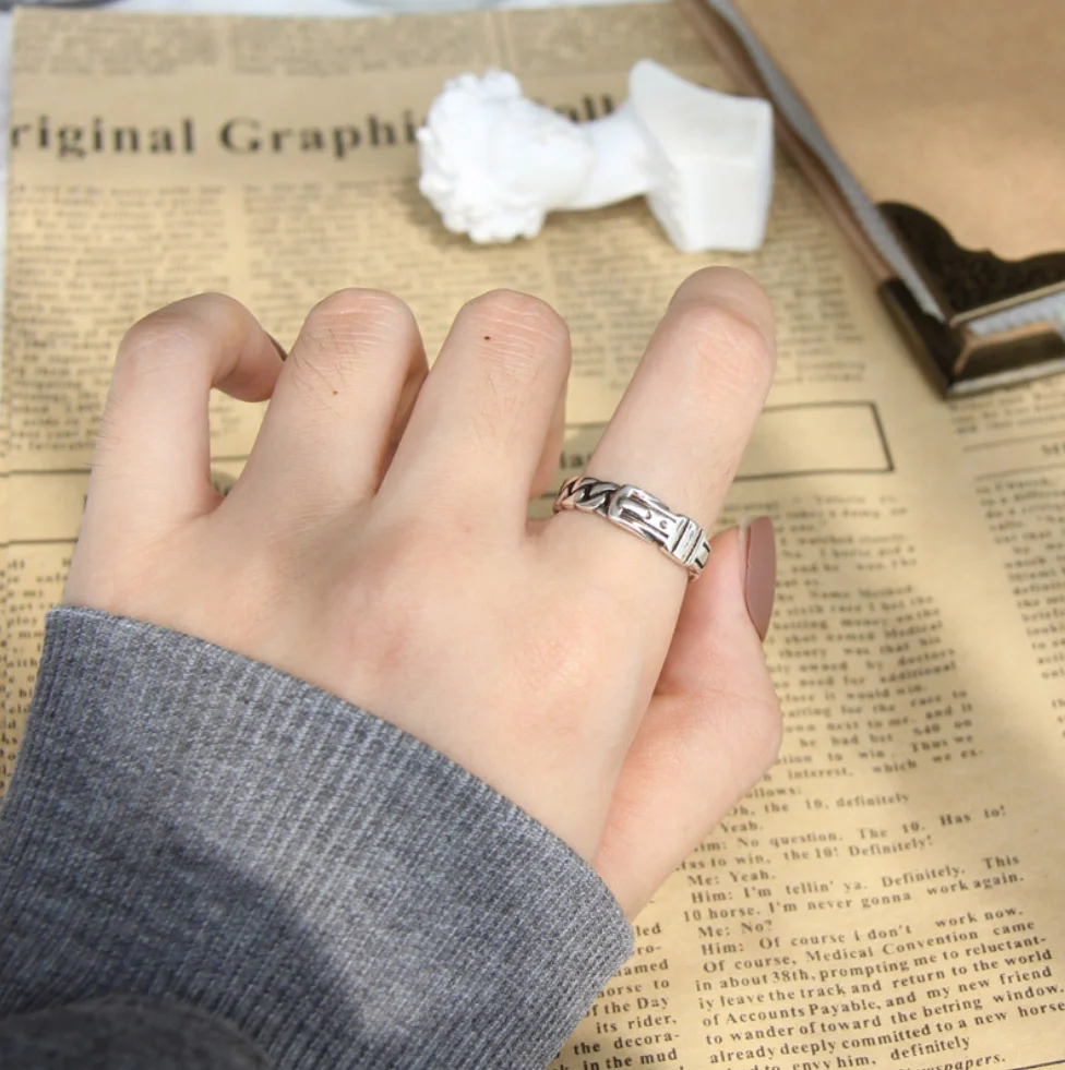 

Classic belt buckle open ring street style fashion lock chain belt head ring 925 silver jewelry new