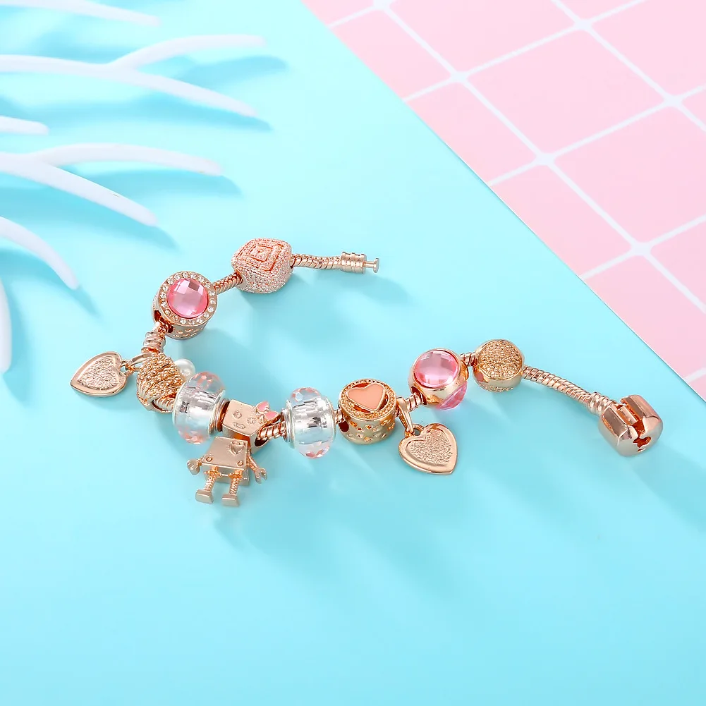 Розовые Кристальные Пандора браслеты и золотой робот с камнями для женщин Femme