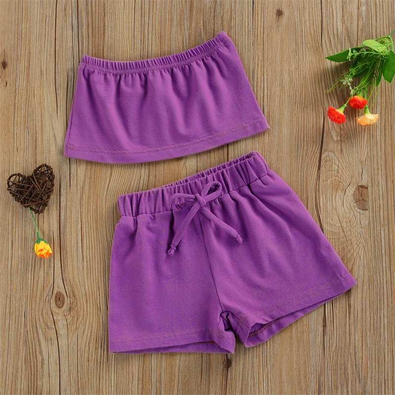 

Fashion Baby Girl Outfits Solid Color Elastic Square Collar Wrap Top & High Waist Shorts Set For 1-6Y Toddlers Summer Clothing