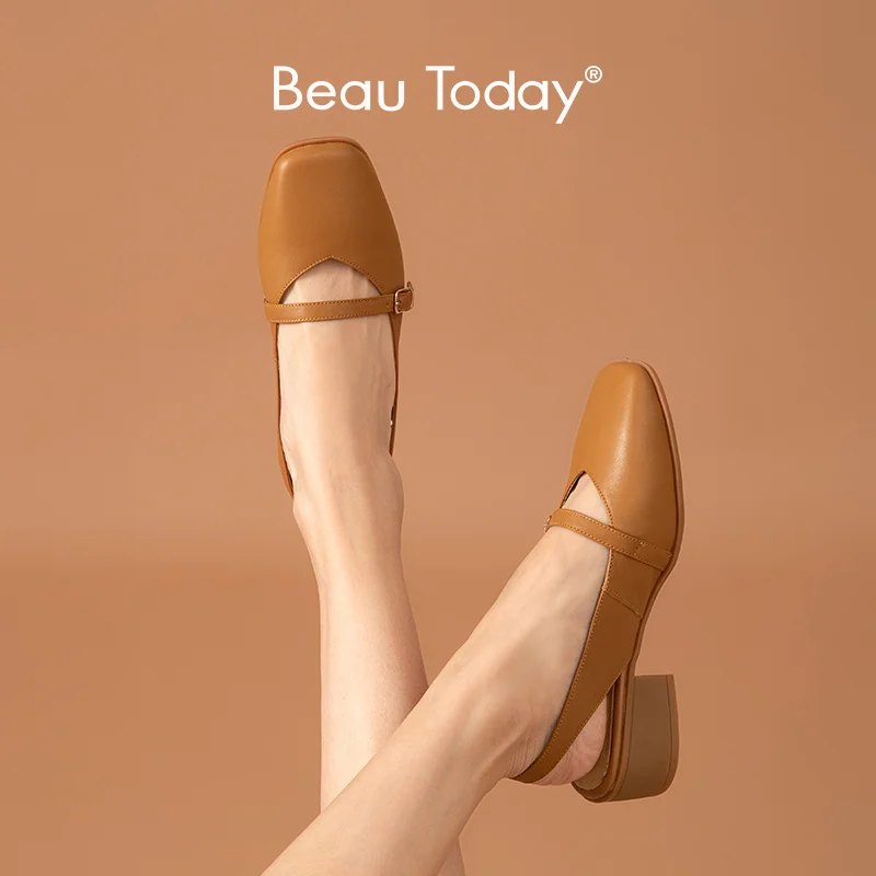 BeauToday/женские босоножки из телячьей кожи с квадратным носком и ремешком на пятке