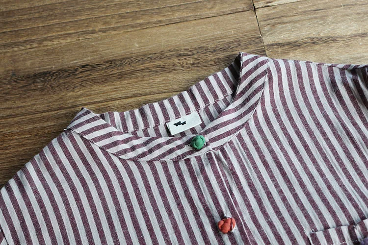 7316 New Spring Women Cotton and linen Dress Buckle Elasticated Waist vintage Striped midi | Женская одежда