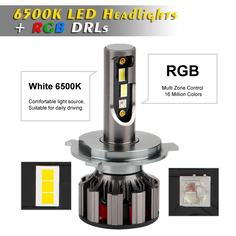 OKEEN 2 шт. H4 H7 светодиодный светильник RGB светодиодный головной светильник для всех автомобилей супер яркий 7600LM налобный фонарь приложение Bluetooth управление музыкой светодиодный противотуманный светильник