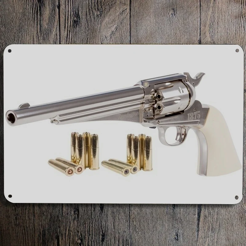 

Remington 1875 CO2 Dual Ammo Replica Revolver Metal Plaque Painting Tin Sign Decorations for Room Shop Bar Sign 12 X 8 Inch