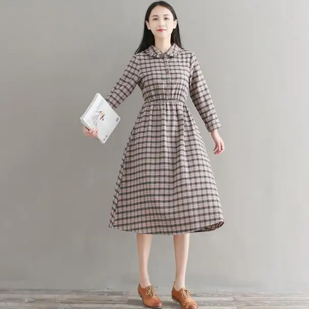 Весенне-осеннее женское элегантное клетчатое платье миди с воротником Питер Пэн