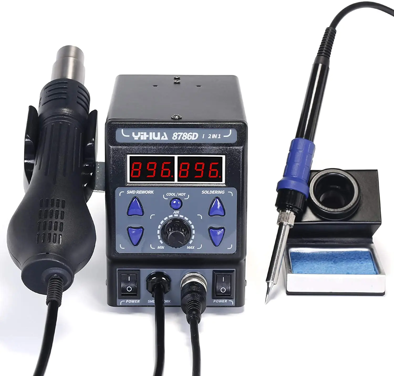 

2 in 1 Hot Air Rework and Soldering Iron Station with °F /°C, Cool/Hot Air Conversion, Digital Temperature Correction and Sleep