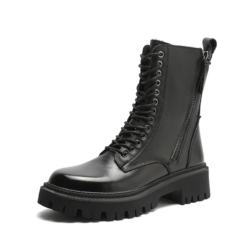 

Women's First Layer Cowhide Martin Boots Autumn Winter New Thick-Soled Mid-Tube Korean Snow Boots Increase Women Platform Shoes