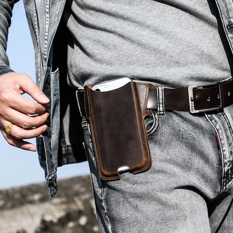 

Luxury Genuine Leather Mobile Phone Bag for Iphone 12pro 12mini Max 5.4/6.1/6.7 Insert Belt Outdoor Waist Phone Protection Bag