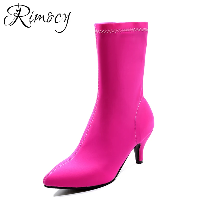 Женские ярко розовые сапоги Rimocy женские осенние из эластичной ткани без застежек