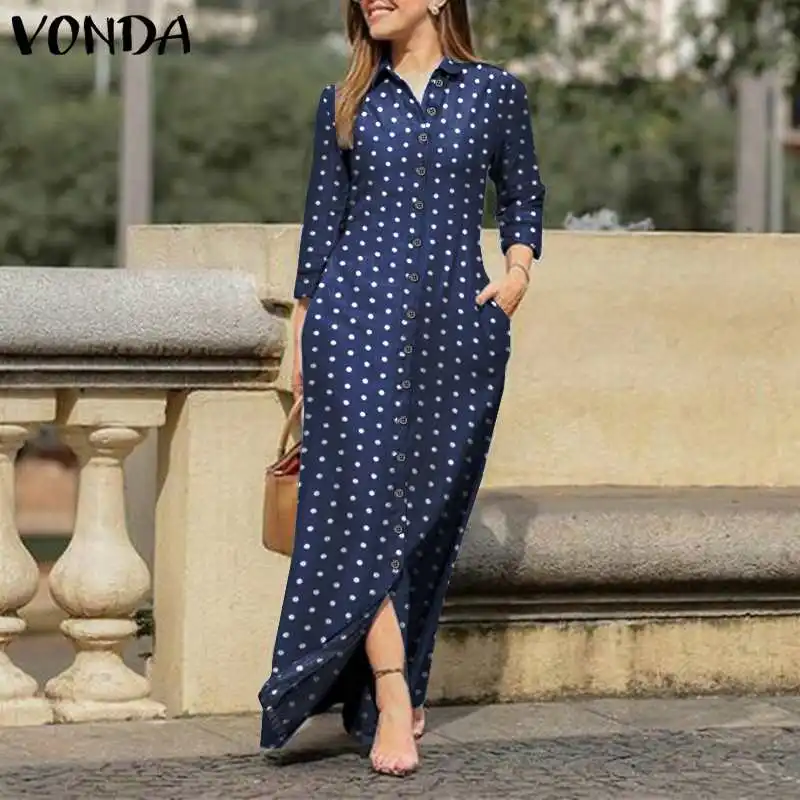 

Women Dress Vintage Turn-down Collar Polka Dot Long Maxi Dress Elegant Sundress 2021 VONDA Female Casual Vestido Robe