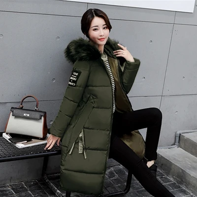 army green Зимняя женская длинная хлопковая куртка Новая модная утепленная куртка с капюшоном и меховым воротником Женская Повседневная Свободная парка NZYD260A - Цвет: army green